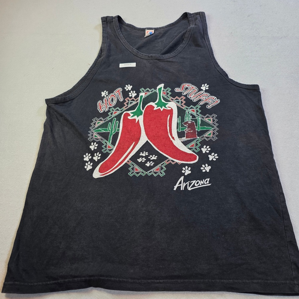 Vintage Easy Casual Hot Stuff Arizona Chili Pepper Tank Top XL Black Made in USA